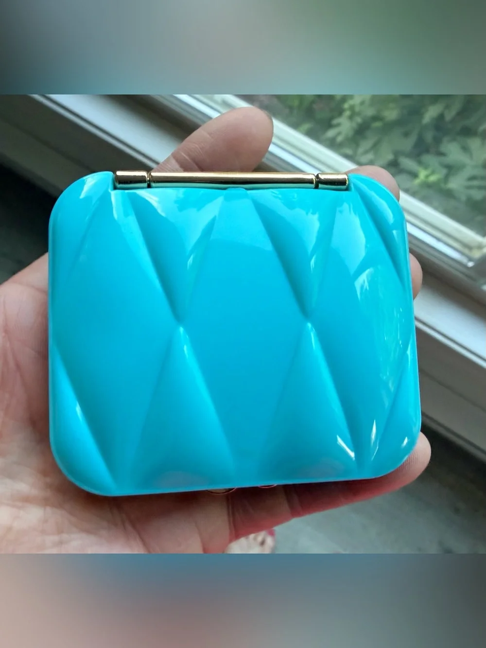 Mui Mui Turquoise Blue Pocket Mirror with Gold Metal Edging SEALED in plastic